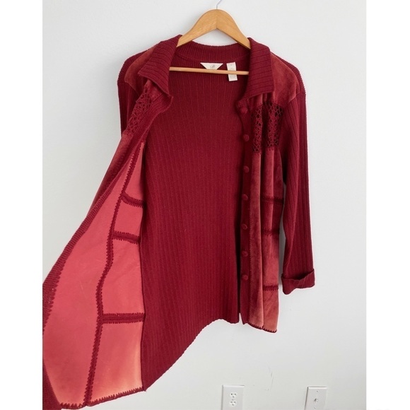 J. Jill Wool Suede Crochet Leather Patchwork Vintage Sweater Cardigan M - Picture 15 of 15